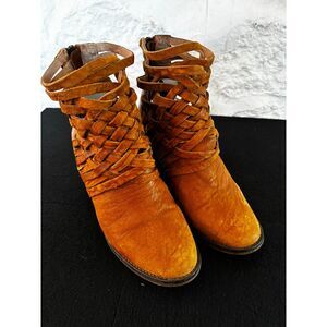 Free People Woven Leather Booties Boho Burnt Orange Cognac Ankle Boots Festival